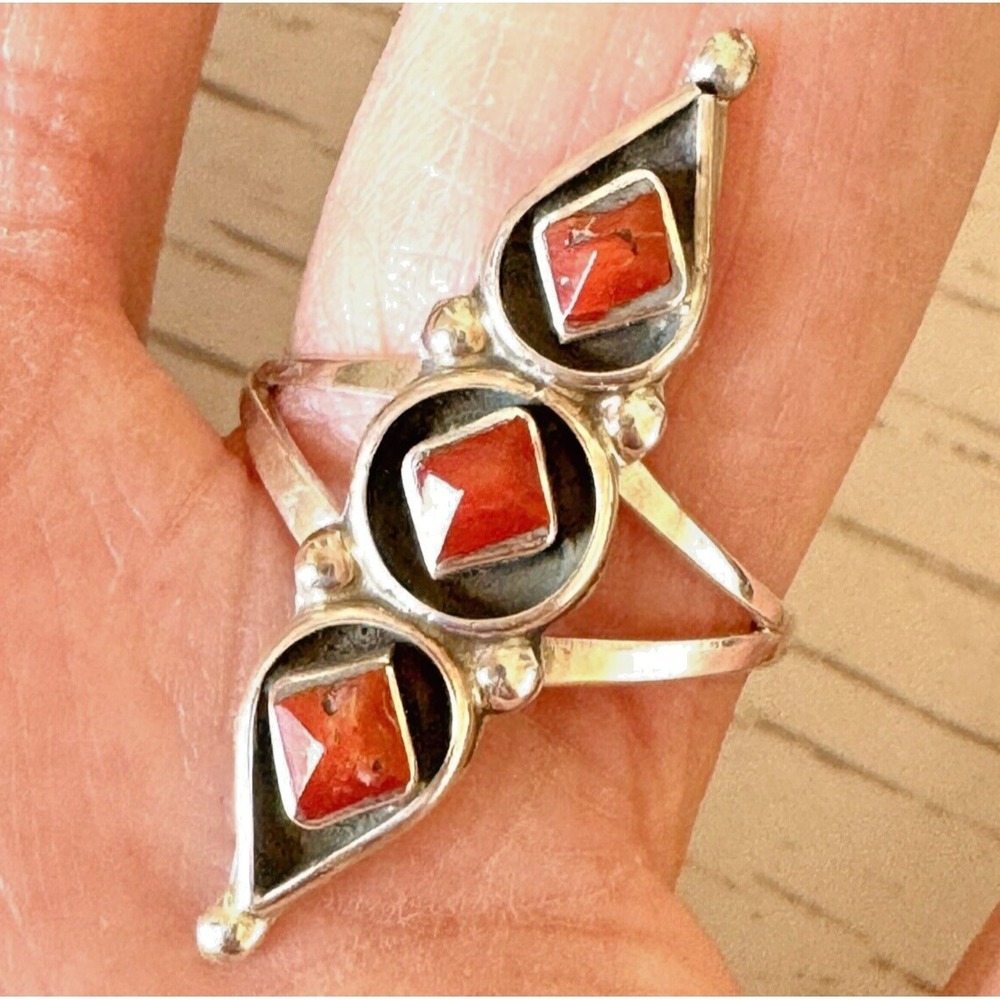 Long Zuni Ring Carved Red Coral Sz 7.25 Sterling FC Fred Cachini Native Amer